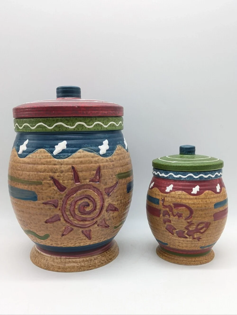 Vintage WMG Brown Red Southwestern Aztec Sun & Lizard Canister Set Of 2